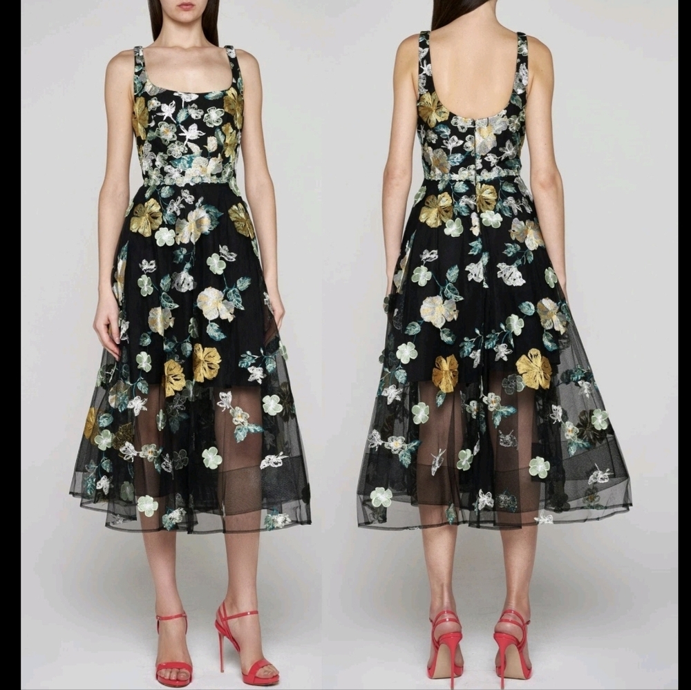 Marchesa Notte Floral Applique 3D Embroidered Tea Length Gown Tulle Size 8 - Picture 11 of 17